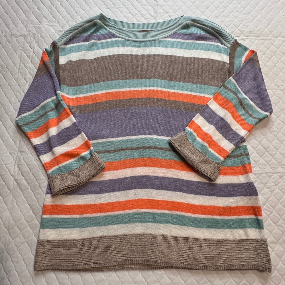 NEW Chico's Stripe Boat Neck Pullover Sweater Sz 0 Small  3/4 Sleeve Lightweight